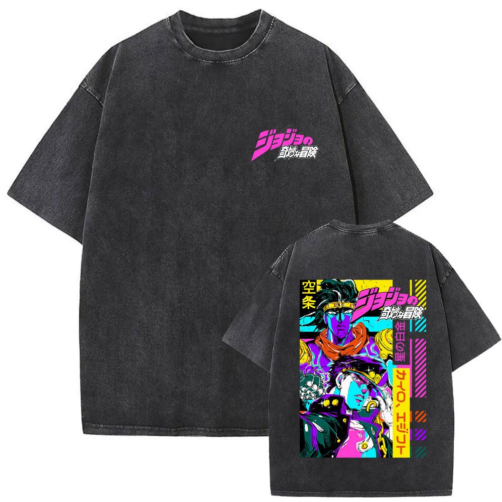 Anime JoJo's Bizarre Adventure Jolyne Washed Vintage T-shirt Summer Men Women Manga Casual Cotton Crewneck Short Sleeve T Shirt