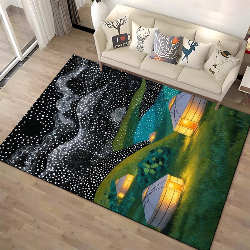 Illuminated Yurts Under Starry Night Sky Pattern Carpet Rug Suitable for Use As an Anti-slip for Living Room Bedroom Sofas
