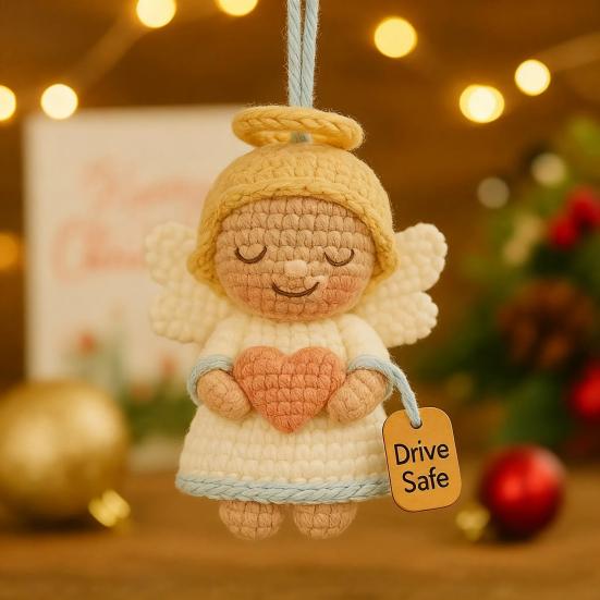 Crochet Angel Car Charm Handmade Knitting Angel Car Rear Mirror Hanging Accessories with Drive Safe Tag New Driver Blessing Present