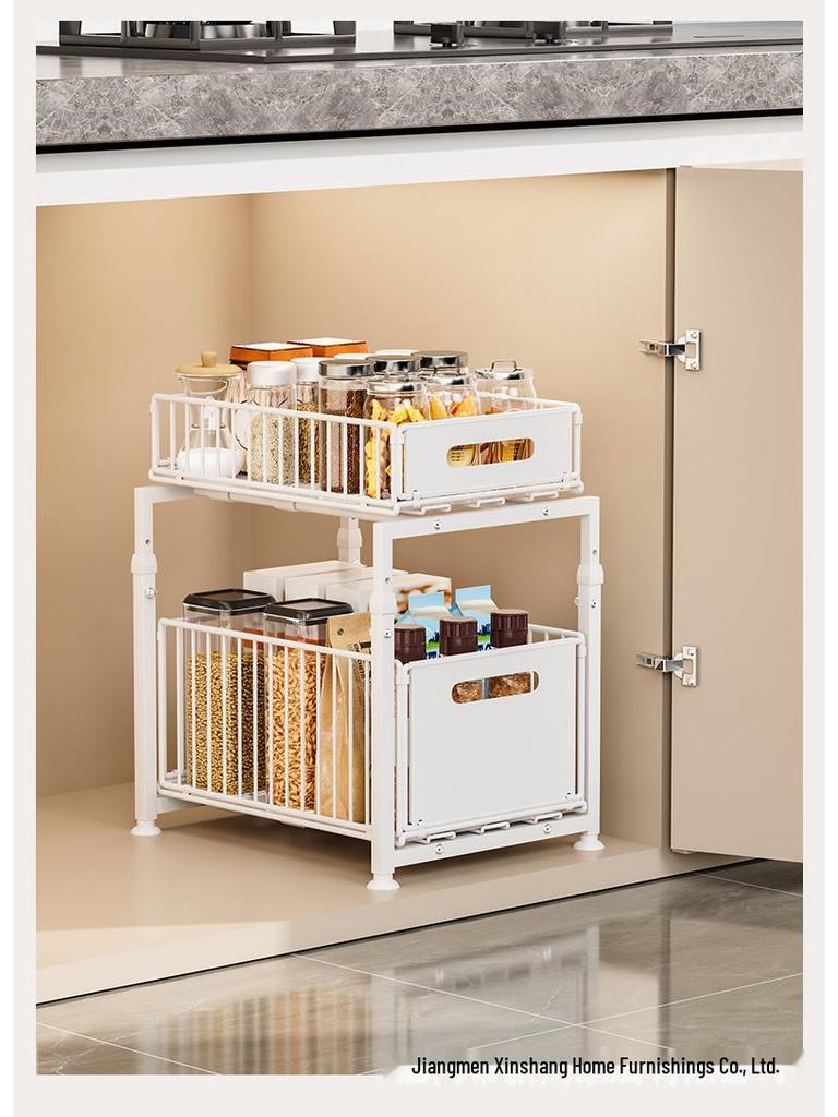 Double-Layer Pull-Out Basket Storage Rack for Under-Counter Bathroom and Kitchen