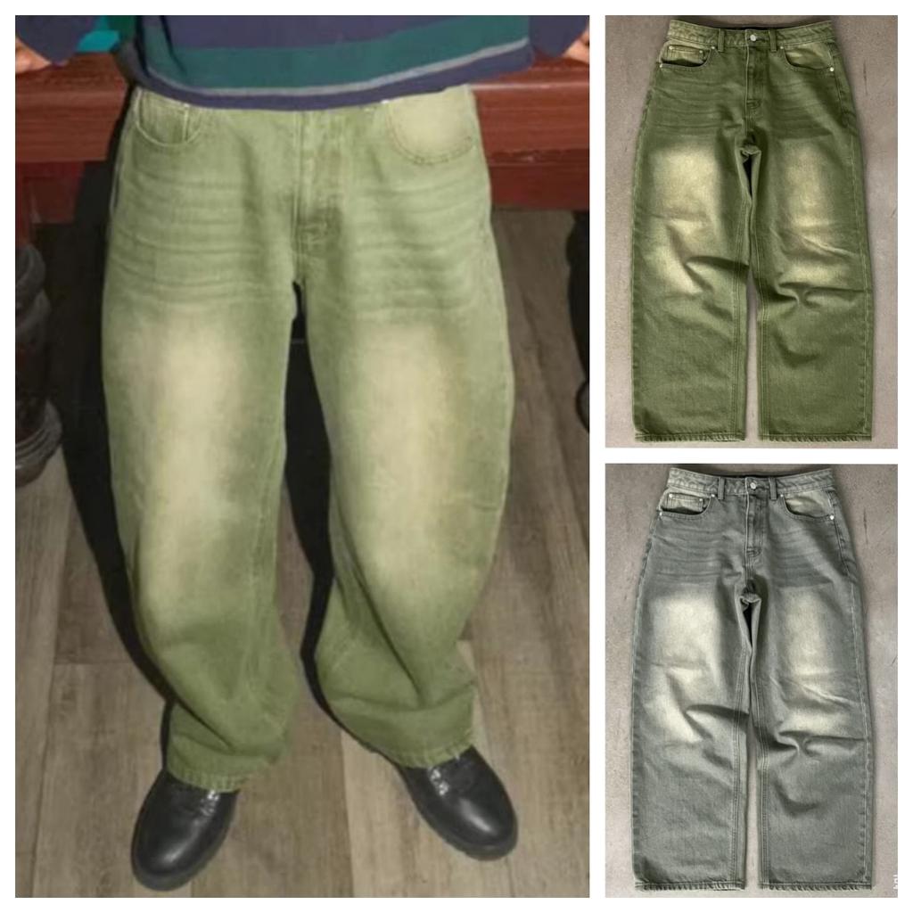 Y2K Street Matcha Džínové Kalhoty Kapsa Zelená Kulička Výšivka Džínové Kalhoty Londýnský High Street Trend Streetwear Unisex Volné Džíny