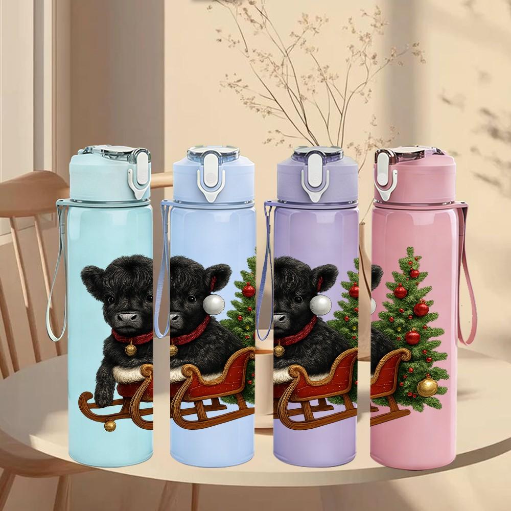1PC Bear Christmas Sleigh 750ml Color Plastic Sports Water Bottle Leakproof Flip Straw Lid Suitable for Sports Office Home Use