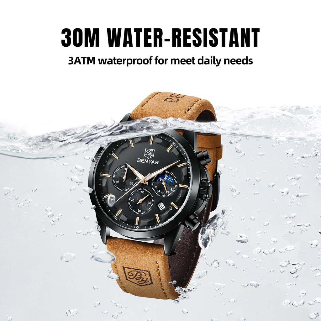 BENYAR Chronograph Watch with Leather and Brown or Black Men's Multi-Calendar Strap, Water-Resistant Scratch-Resistant,