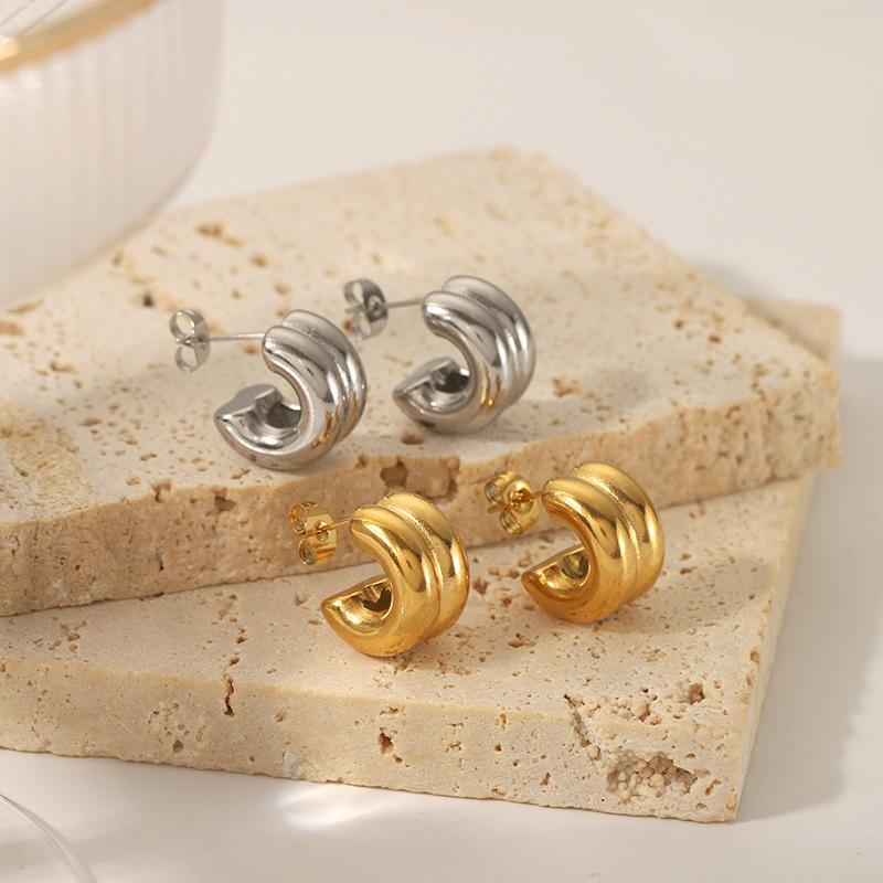 C Shaped Metal Stainless Steel Smooth Ear Studs Waterproof Anti Allergic Elegant Trendy Jewelry for Women