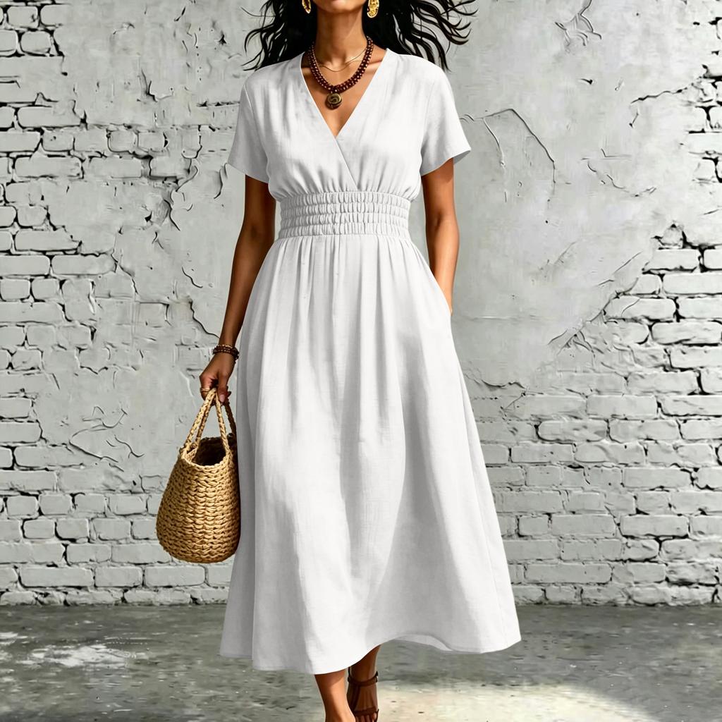 Womens V Neck Short Sleeve Elastic Waist Midi Dress with Pockets Solid A Line Casual Loose Fit Summer Dress for Daily Wear