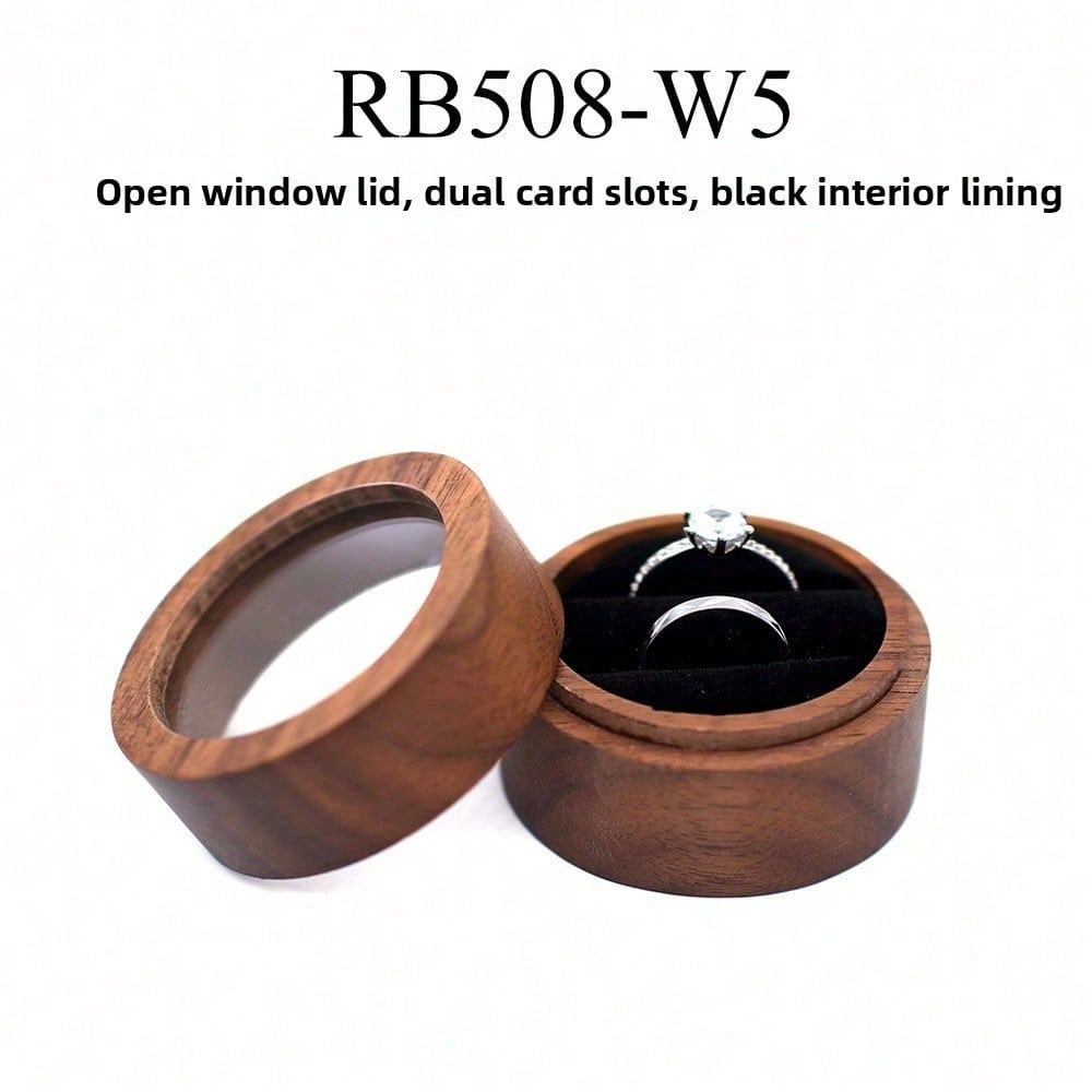 Boîte à Bague Ronde Noyer Noir Fenêtre Échange de Mariage Accessoires de Fiançailles Single box (without jewelry)