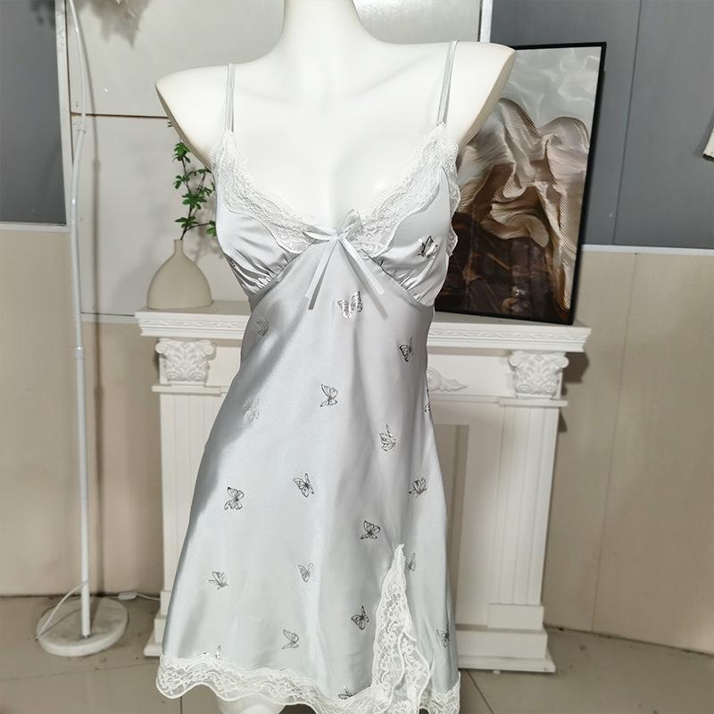 Butterfly Print Deep V Padded Pajamas Set: Sexy and Slimming Ice Silk Nightdress with Fairy Camisole.