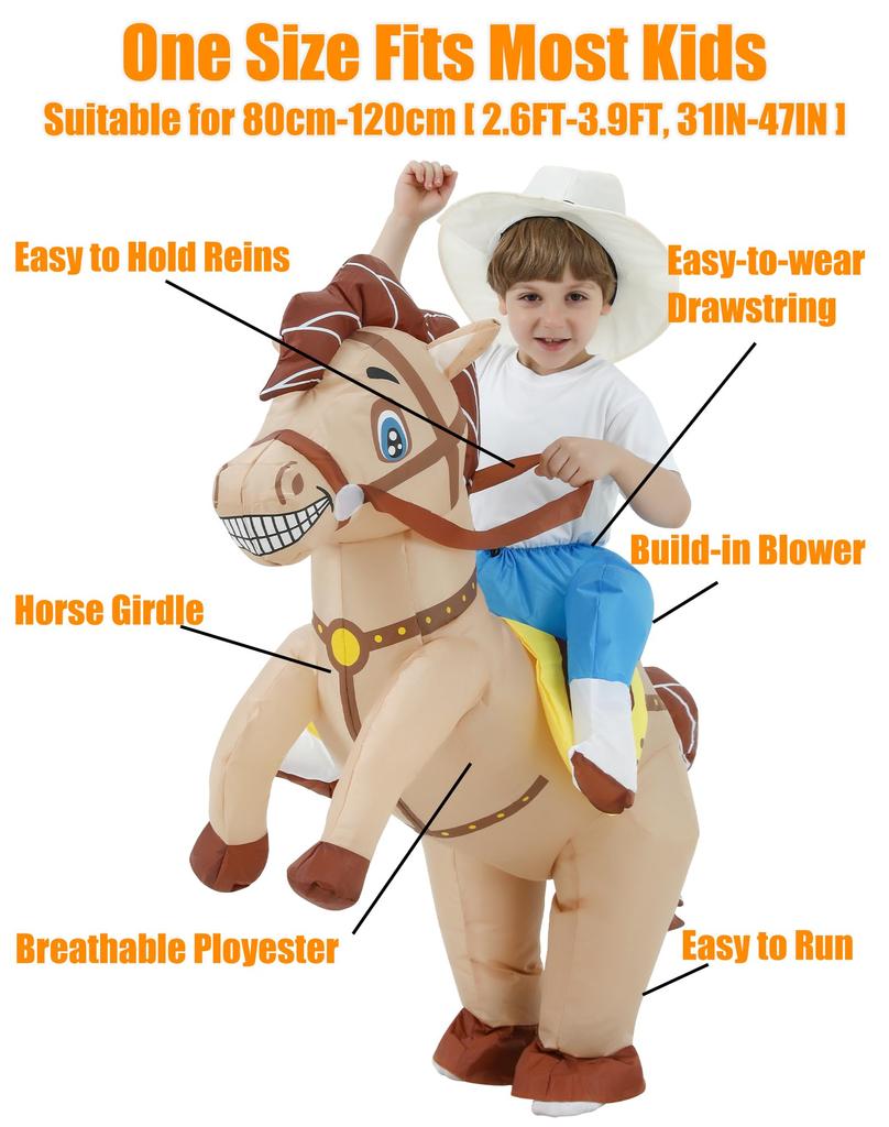 JOYBRO Inflatable Horse Costume for Cowboy Riding Horse Funny Animal Costume for Boys and Girls Perfect for Halloween Theme One Size Fits Most Kids,