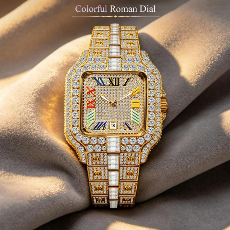 Mens Iced Out Watch Square Full Diamond Quartz Wrist Watch with Luminous Hands Date Waterproof Hip Hop Style