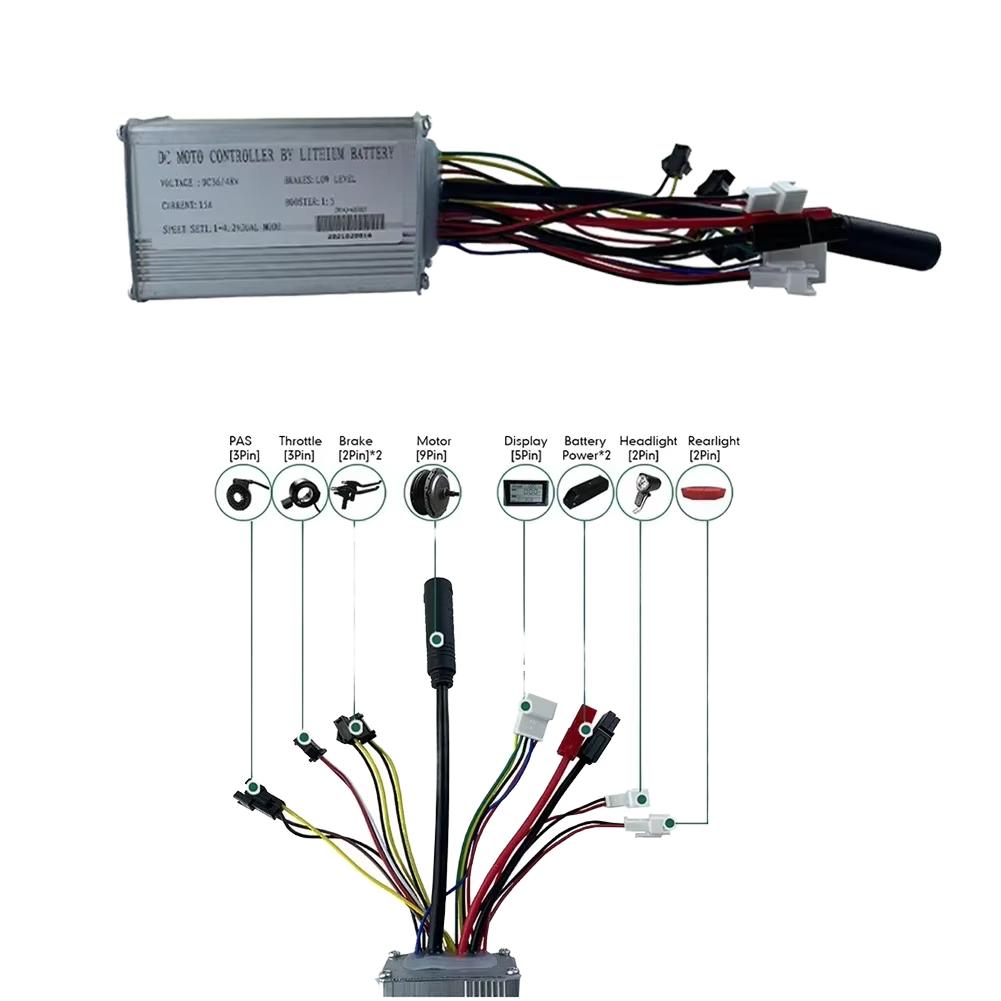 HOSH Ebike 48V 15A 250W Brushless Motor DC Controller with Double Light Wire SM Plug 6 Mosfet for Electric Bicycle
