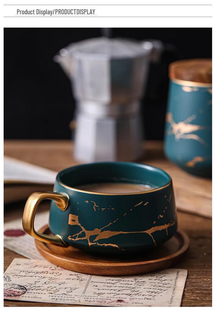 Japanese Ceramic Tea Cup: Matte Gold Marble & Black Pattern with Wooden Saucer