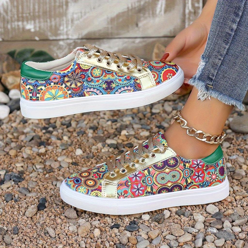 2025 Spring New Arrival Plus Size Women's Flat Casual Shoes Floral Ethnic Style Lace-Up Front Lightweight Shoes