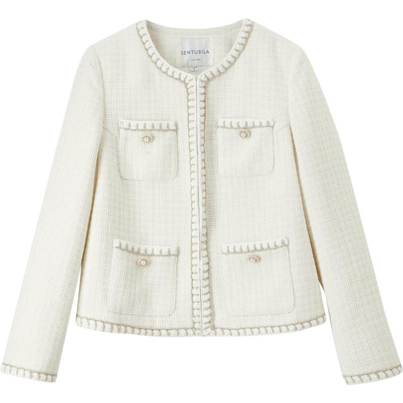 

Shangdubila Women s Classic Tweed Round Neck Jacket L