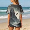 Women Casual Short Sleeve Henley Shirt with Chest Pocket Halloween Themed Graphic Print Cotton Linen Blended Fabric Relaxed Fit