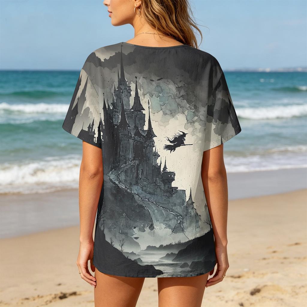 Women Casual Short Sleeve Henley Shirt with Chest Pocket Halloween Themed Graphic Print Cotton Linen Blended Fabric Relaxed Fit