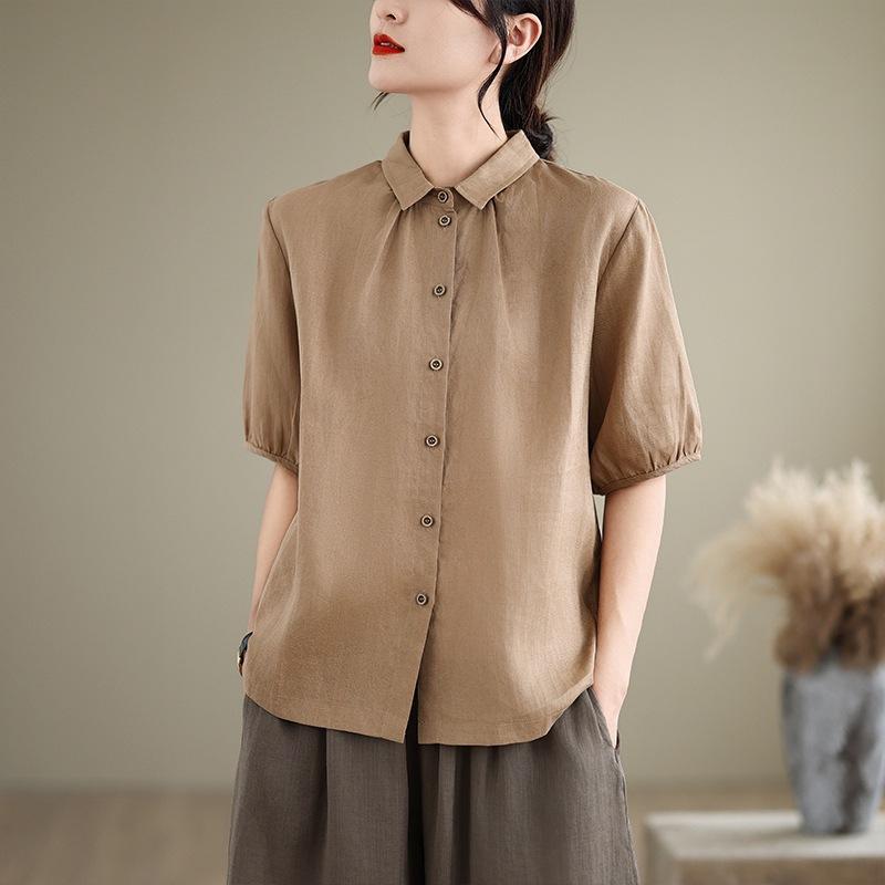

Свободная и тонкая однотонная рубашка из хлопка и льна для женщин, лето 2025, новый ретро-воротник Mori Polo, короткий рукав, кардиган 2XL хаки