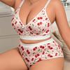 European and American Cherry Floral Sexy Lingerie Women's Thin Bra Top Push-up Pure Desire Style Large Size Bra and Panty Set
