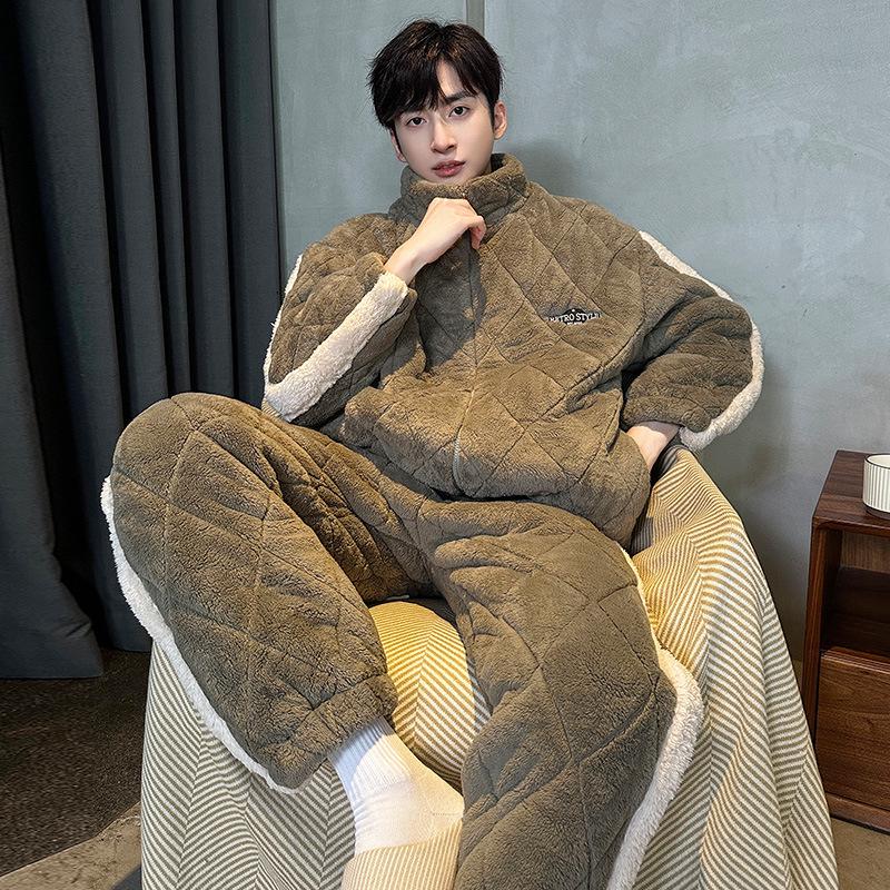 

Зимний мужской стеганый флисовый пижамный комплект - Толстый, теплый, молодежный домашний и уличный стиль XL