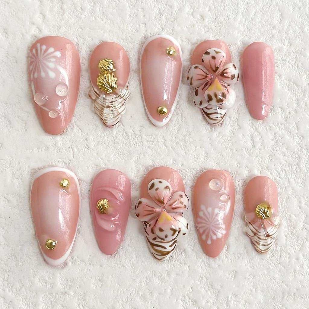 24pcs Wearable Press On Nails Strawberry Bow Design Nails Tips Red Short Almond Pearl Starlight Fake Nail Art Flower False Nails