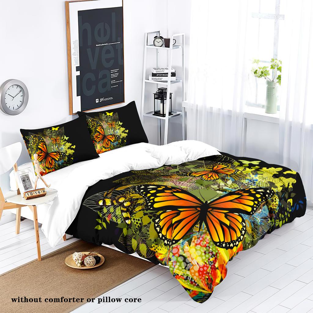 3-piece butterfly printed down duvet cover (1 down duvet cover+2 pillowcases, no core) bedding set soft and comfortable
