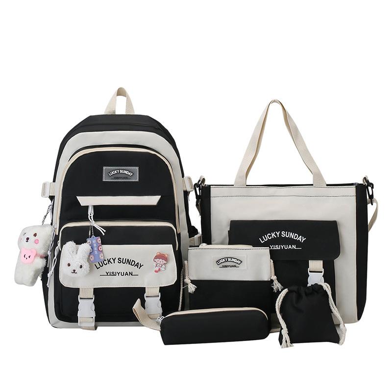 Middle School Boys and Girls School Bags Fashion Canvas Color Blocked Primary Student Backpack 5 Pcs Set Satchel with Tutoring Bag