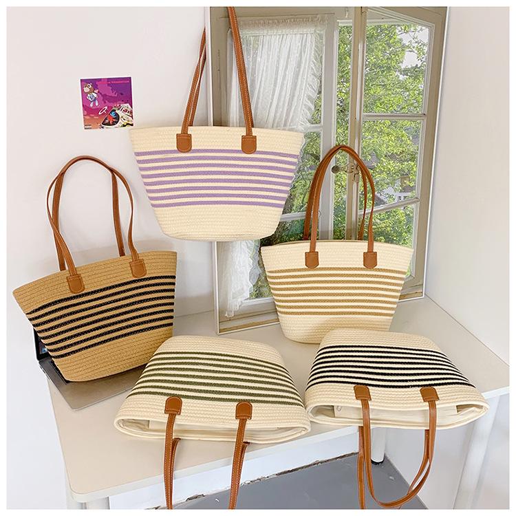Stylish Large Capacity Striped Woven Beach Tote with Custom Logo