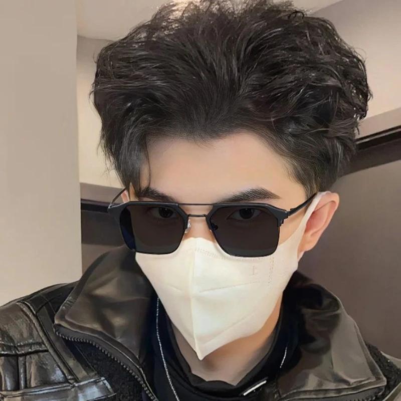 Korean Double Beam Frame Metal Myopia Glasses Trendy Men Half Frame Myopia Sunglasses Anti UV Driving Near Sight Sunglasses