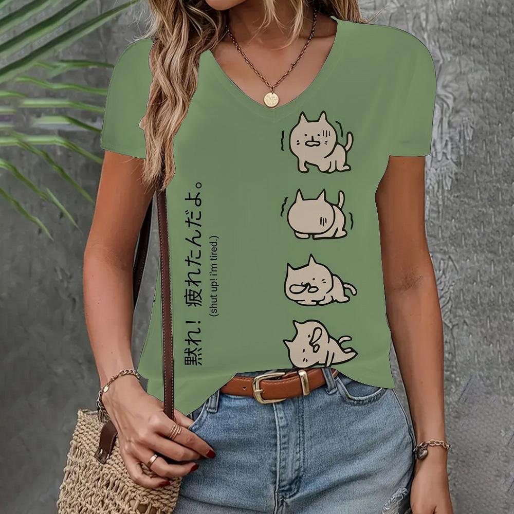 Women's Clothing T-shirt New V-neck Short Sleeve Cat Pattern Fashion Top Summer Loose And Breathable Clothing Women's T-shirt