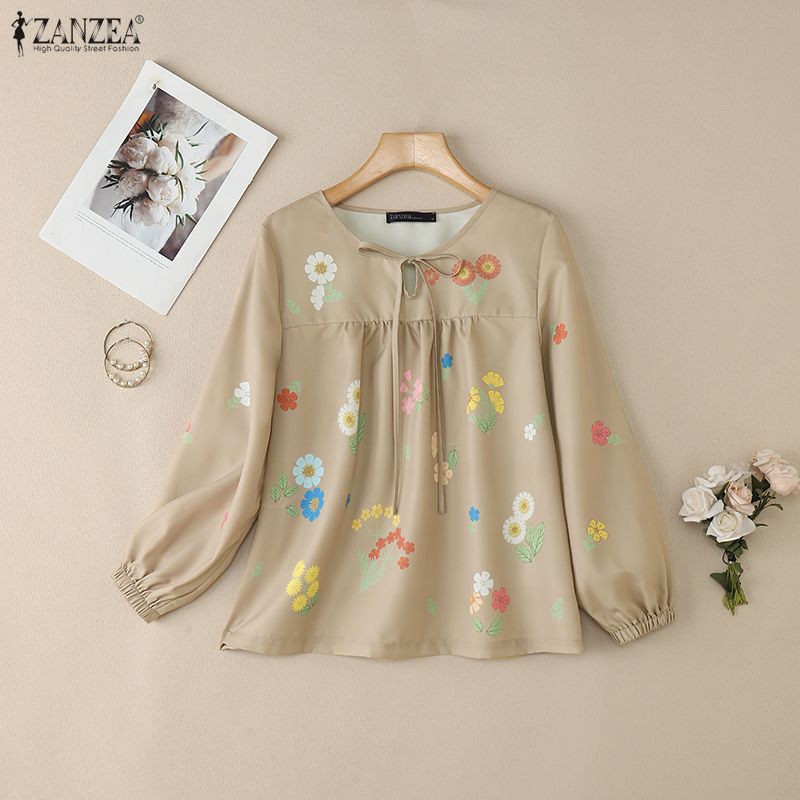 ZANZEA Lässige Bluse mit Rundhalsausschnitt und langen Ärmeln für Damen mit Blumendruck