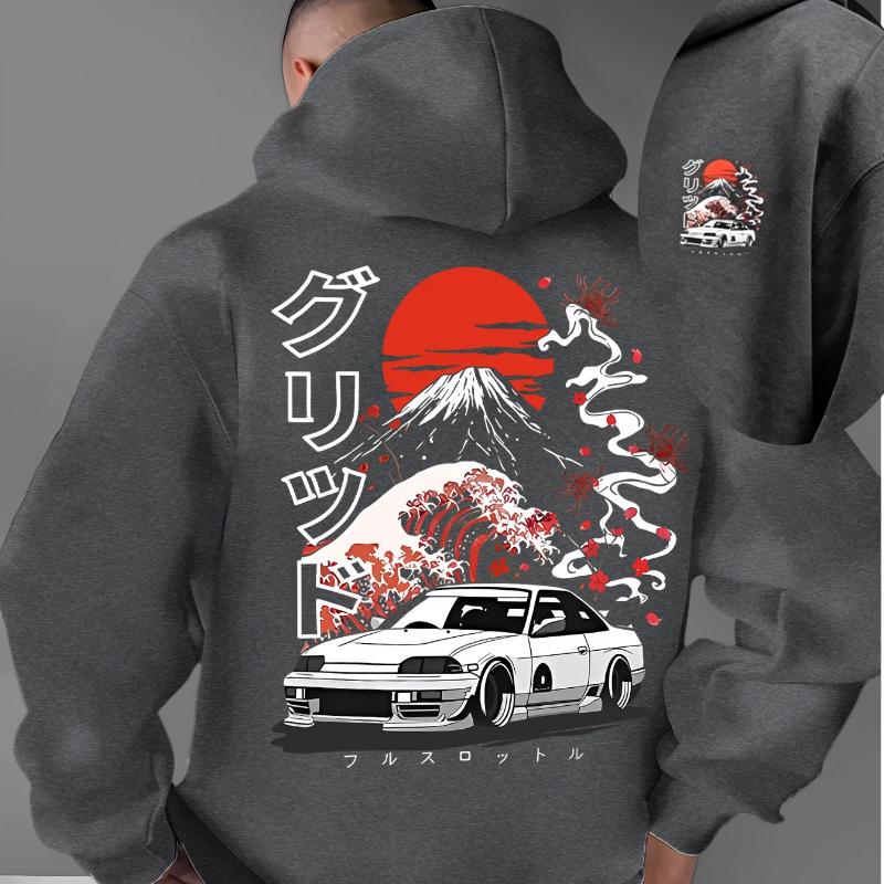 A Men'S Casual Stylish Japanese-Inspired Hoodie Featuring Mountain And Freedom Elements, Long-Sleeved Pullover, Regular Fit.