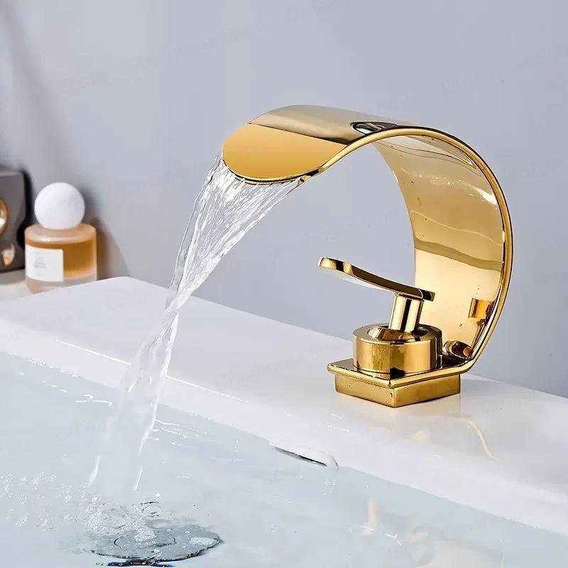 Gold Waterfall Basin Faucet Brass Bathroom Mixer Tap Hot Cold Deck Mounted Vessel Sink Faucet