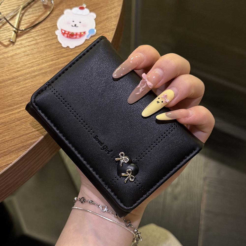Korean Simple Love Bow Short Wallet Female Cute Large Capacity Card Holder Girl Heart Multi-card Slot Document Bag Gift
