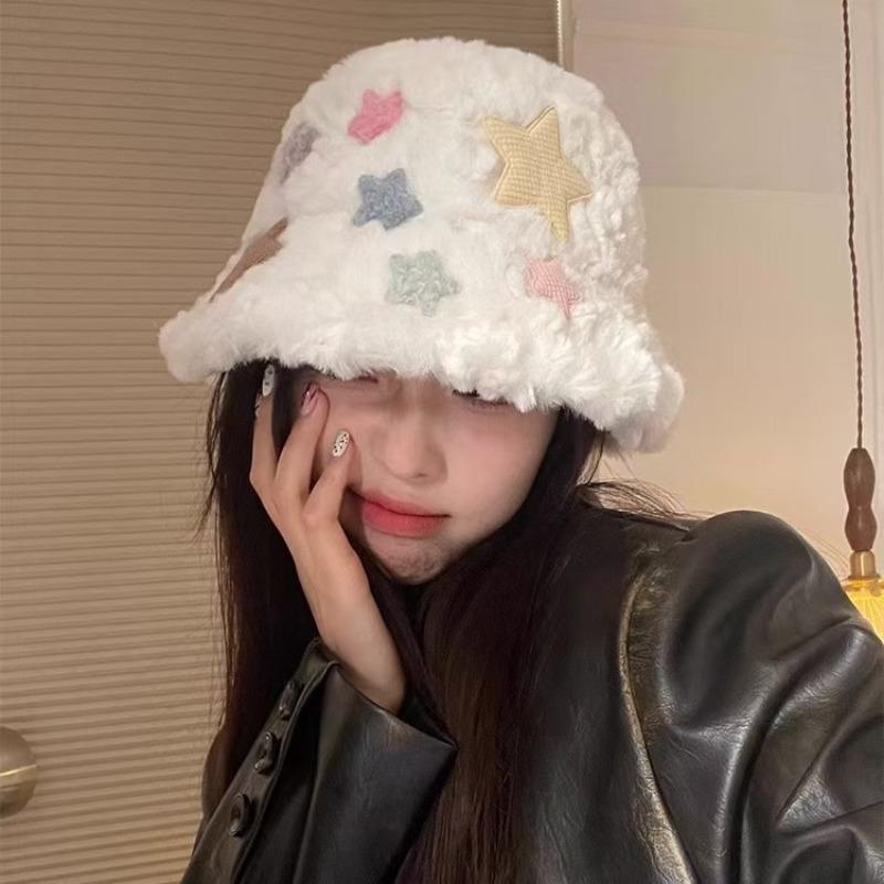 Cute star plush bucket hat women's autumn and winter new thickened plush cute versatile ear protectors keep warm and show a small face