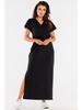 Cotton V-neck Maxi Dress with Short Sleeves, Black M