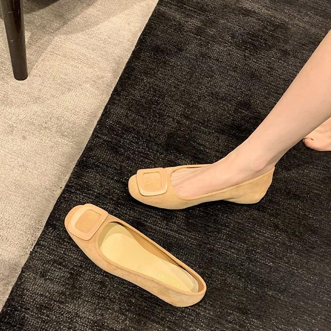 Sheepskin Version~ 2025 New Fairy Style Leather Suede Square Buckle Shallow Mouth Single Shoes Women's Flat Bottom Suede Grandma Ladyshoes