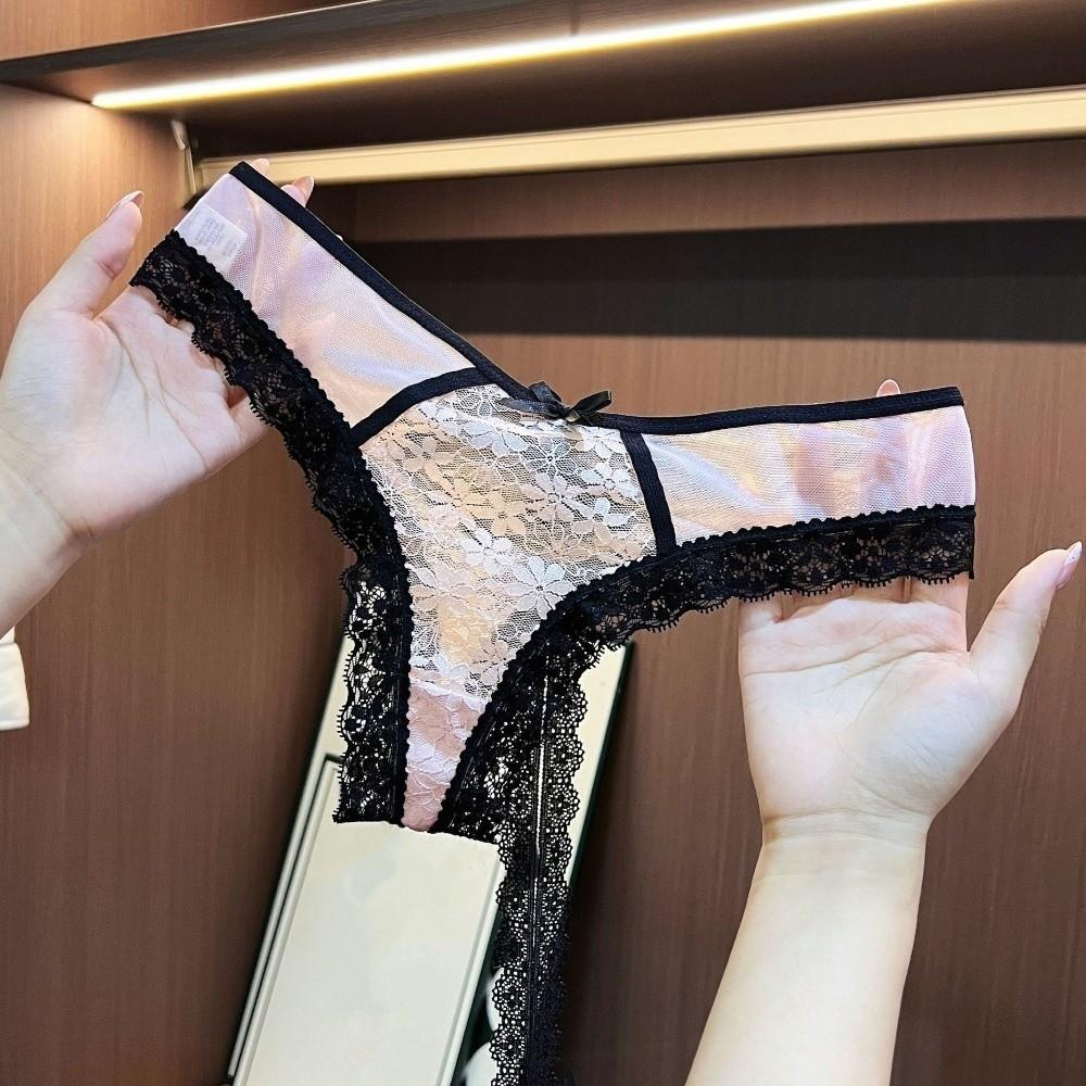 Lace Underpants Lace Flower Transparent Briefs Bow Hanging Neck Chain Underwear for Women  Girl