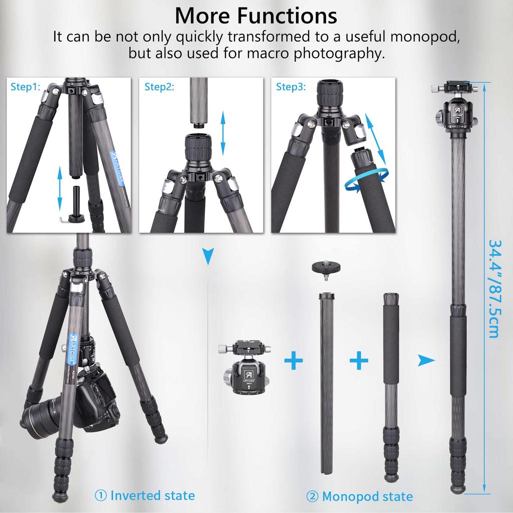 ARTCISE Carbon Fiber Carbon Fiber 2023 29mm Pipe Nut Lock Leg Adjustable Lightweight Travel 1790mm Maximum Tripod Bag Compatible with Digital