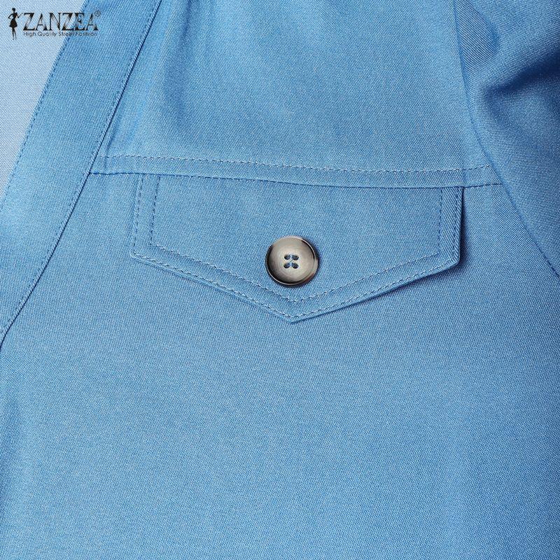 ZANZEA Damen Lässiges Einfarbiges Lockeres Kleid mit Umlegekragen und Halblangen Ärmeln