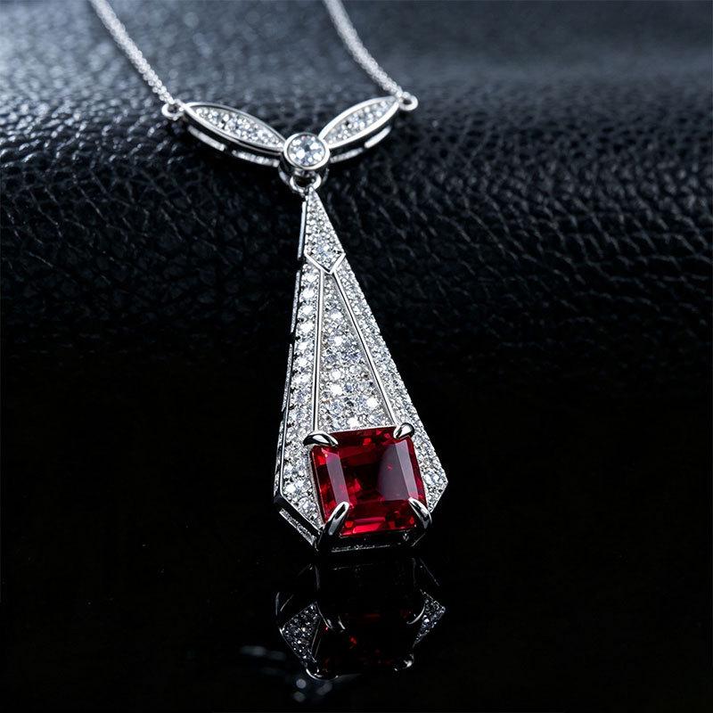 European S925 Sterling Silver Geometric Tassel Necklace with Cultured Ruby and Full Diamond Accents - Retro Long Style