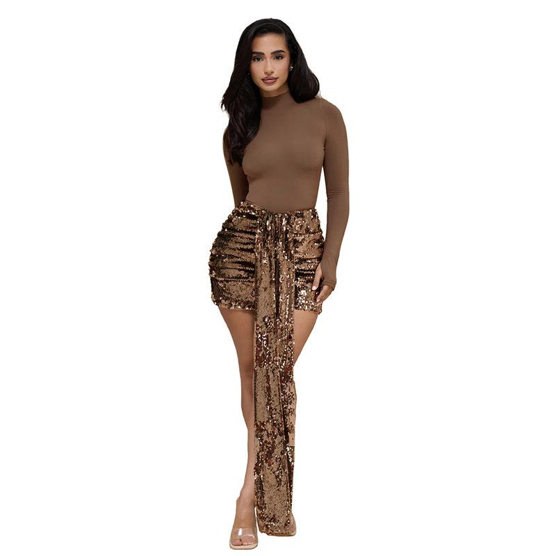 

Women s autumn new slim-fit turtleneck splicing sequined mini casual suit short skirt women S коричневый