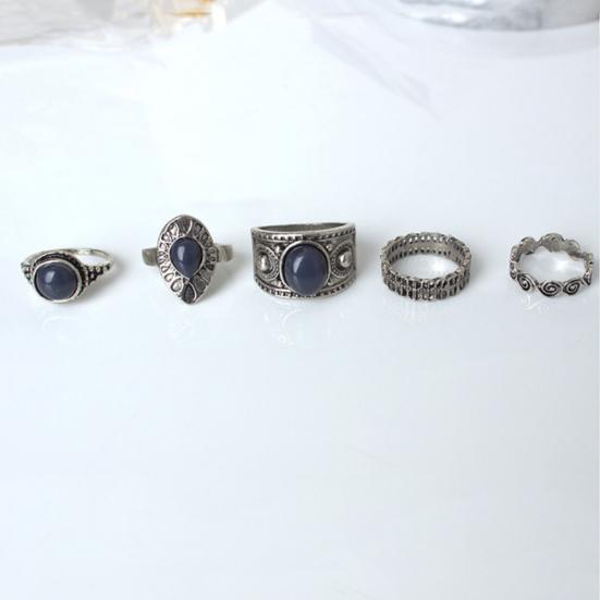 5Pcs/Set Bohemian Vintage Blue Stone Alloy Finger Ring Women Charming Jewelry