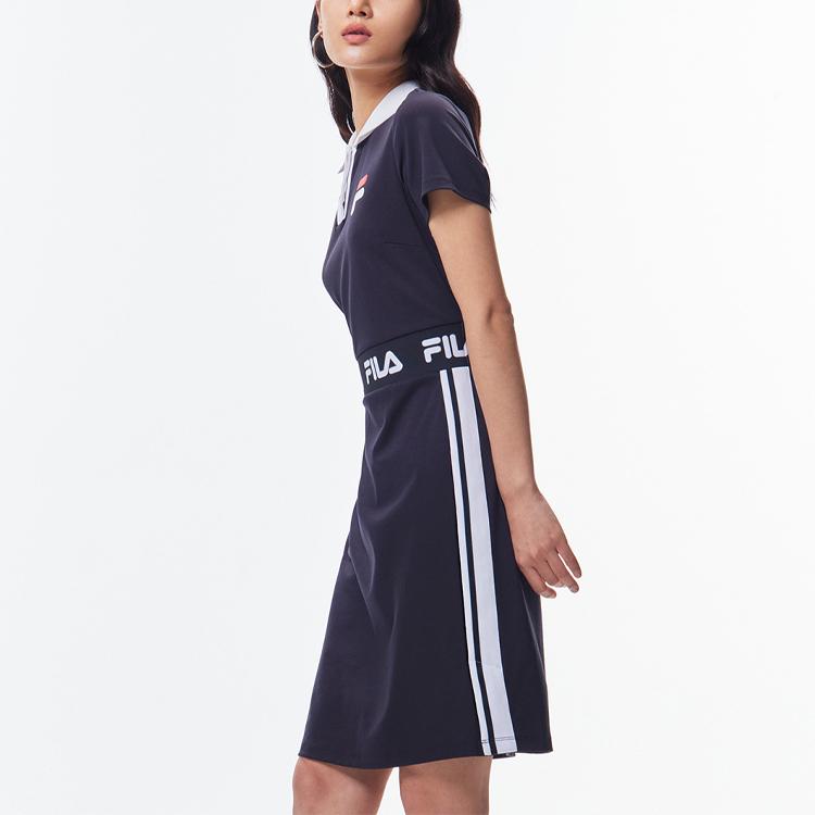 Fila Logo Print Waist-Defining Sports Fashion Casual Short Sleeve Dress Women Dresses Legendary-Blue F11W138304F-NV