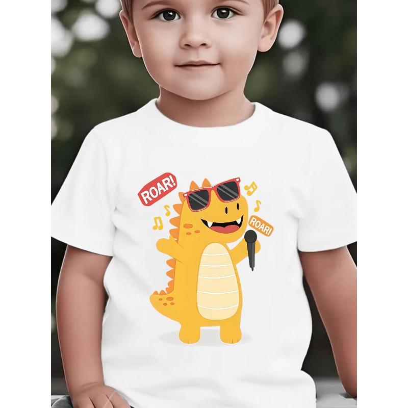 European sizes Baby Short Sleeve Cartoon Dinosaur Singing Performance Wearing Glasses Holding Microphone Music Note Print Fashion T-Shirt