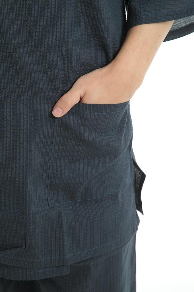 Edoten Men's Shijira-woven Jinbei (Kamawanu) - Cool Summer Wear, 100% Cotton, Original Print Pattern, Navy Blue, Size M