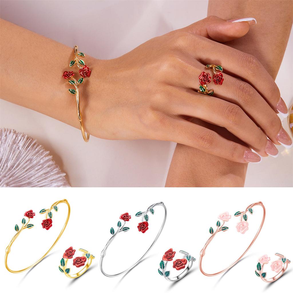 2 Pieces Red Rose Jewelry Set Delicate Rose Bracelet Women Vintage Flower Ring Sexy Gold Plated Choker Red Accessories Fashion Jewelry