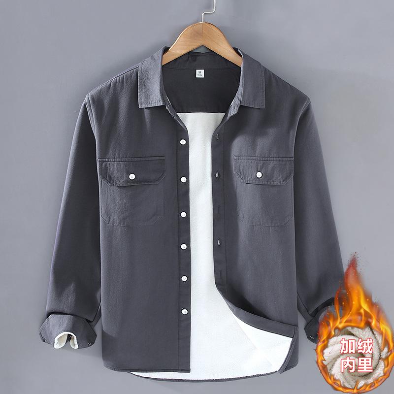 

Зимові теплі чоловічі сорочки Повсякденні потовщені чоловічі сорочки карго Однотонна флісова сорочка з коміром з лацканом і подвійними кишенями Молодіжна мода Повсякденні топи XXXL темно-сірий