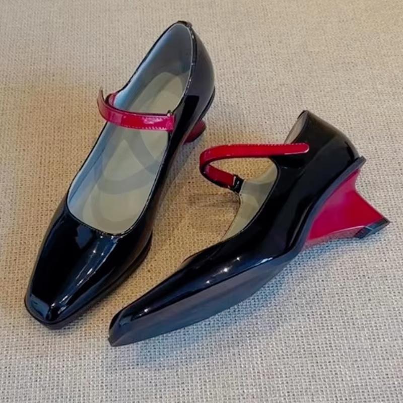 Patent Leather Mixed Color Mary Janes Women Sweet Square Toe Wedges Designer Shoes Simple Shallow Branded Mule Pumps Dress Shoes