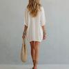 Women's White V Neck Mid Sleeve Bohemian Dress Knee Length