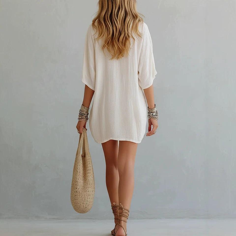 Women's White V Neck Mid Sleeve Bohemian Dress Knee Length