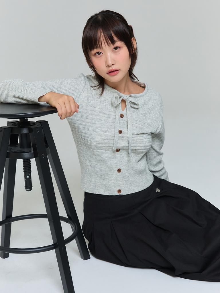 ADOREBELLE Ribbon Button Slim Knit - Gray